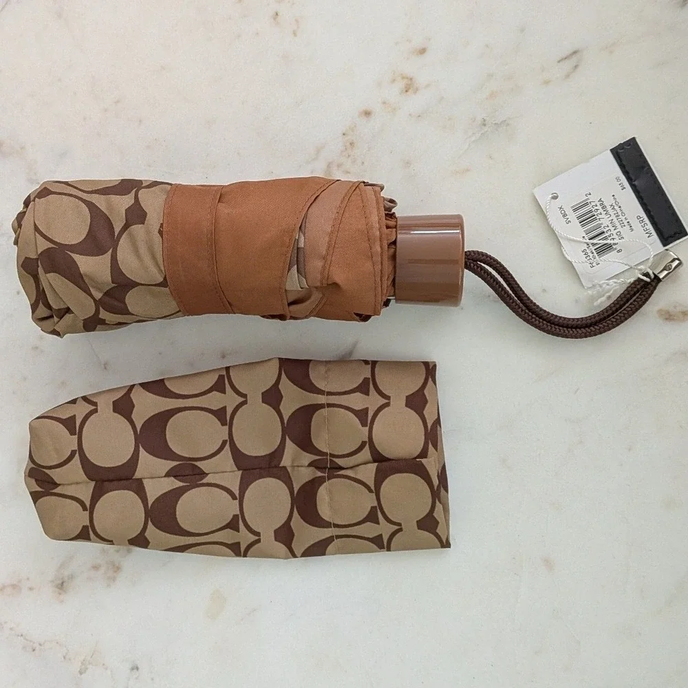 NEW Coach Signature Mini Umbrella Khaki Saddle Brown Monogram Compact F63365 NIB